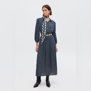 RIXO Izzy Blue Polka Dot Midi Pleated Shirt Dress